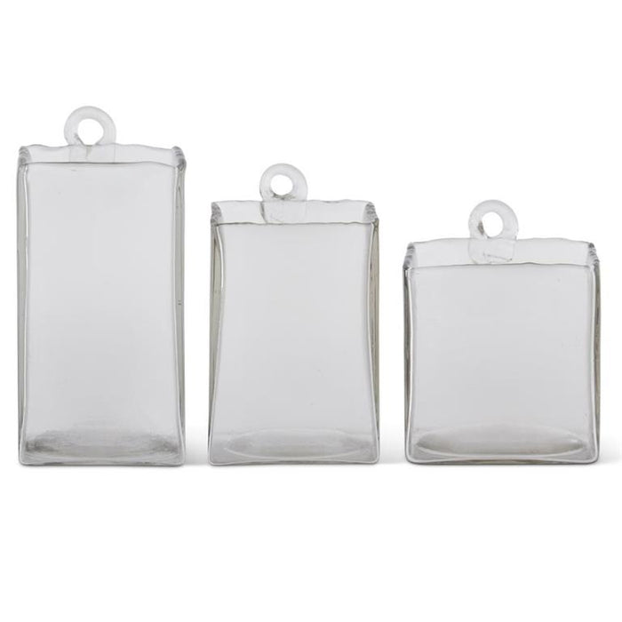 Hand-blown Square Clear Glass Hanging Vase - .75L