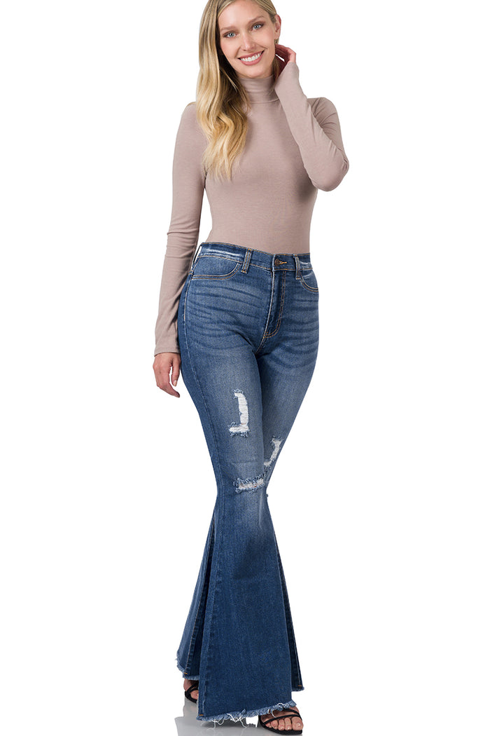 High-Rise Distressed Super Flare Raw Hem Denim