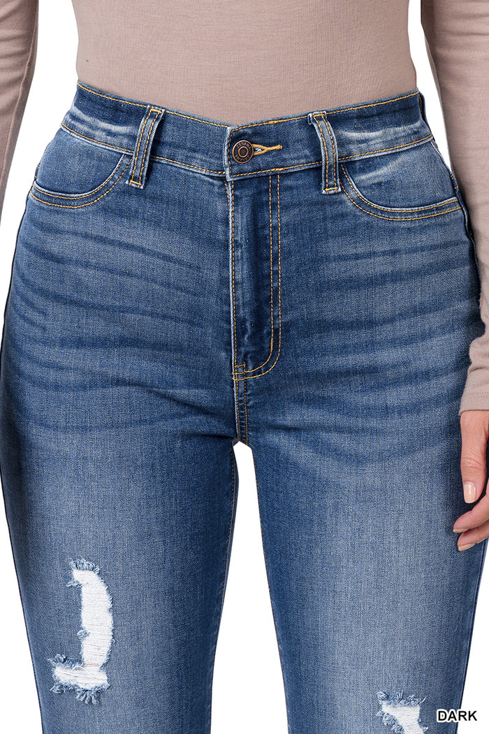 High-Rise Distressed Super Flare Raw Hem Denim