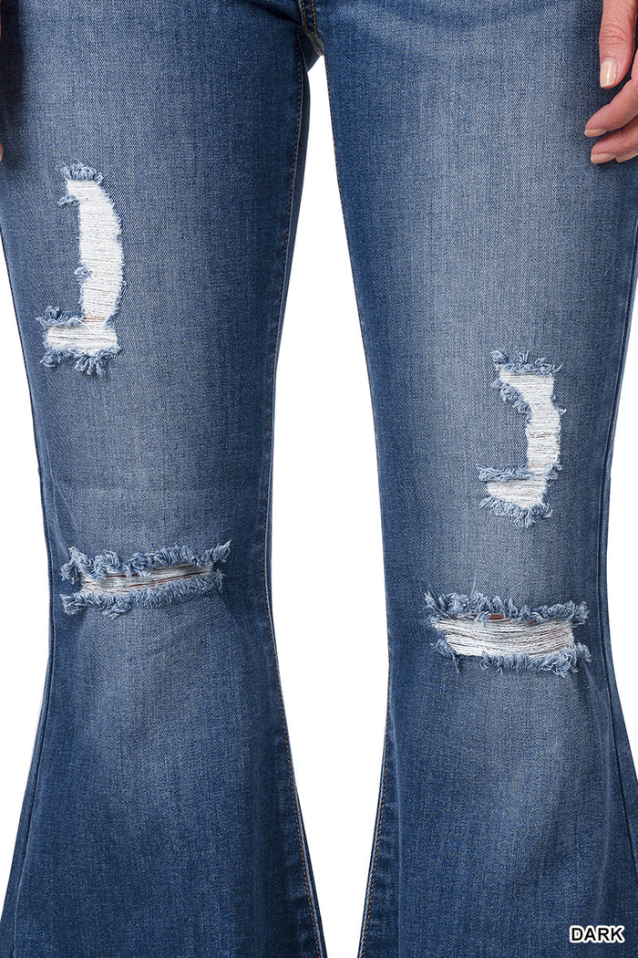 High-Rise Distressed Super Flare Raw Hem Denim