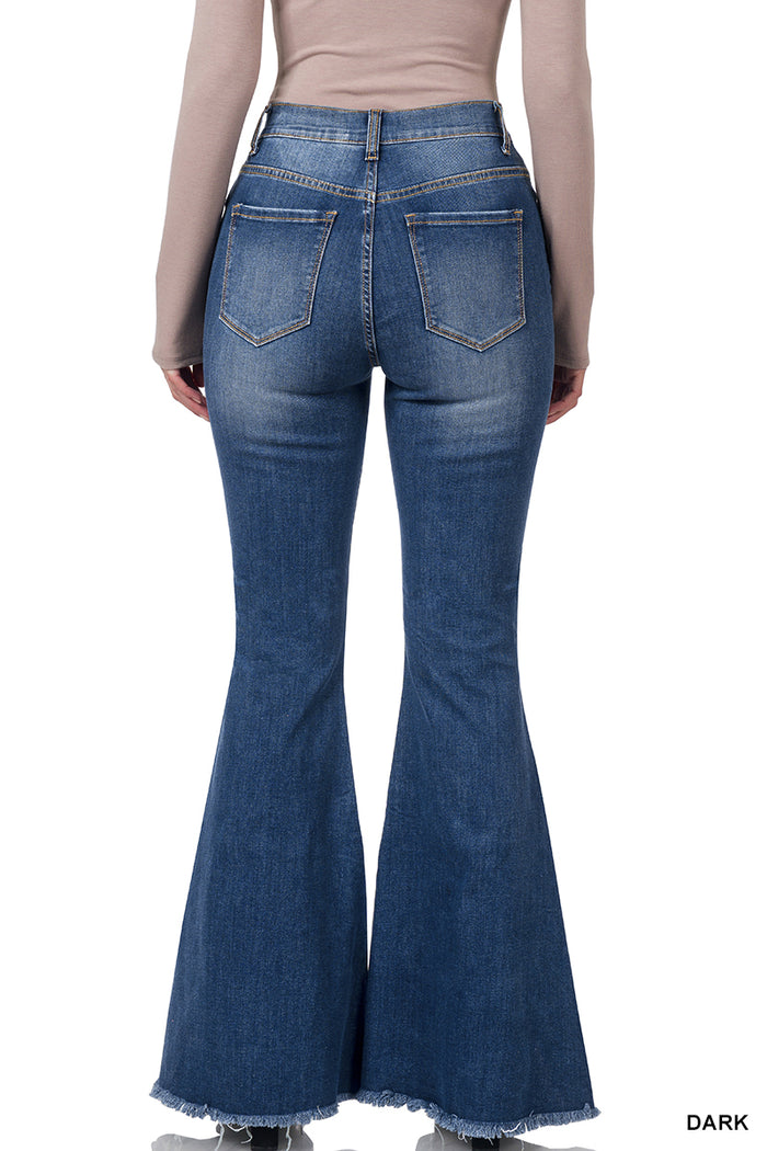 High-Rise Distressed Super Flare Raw Hem Denim