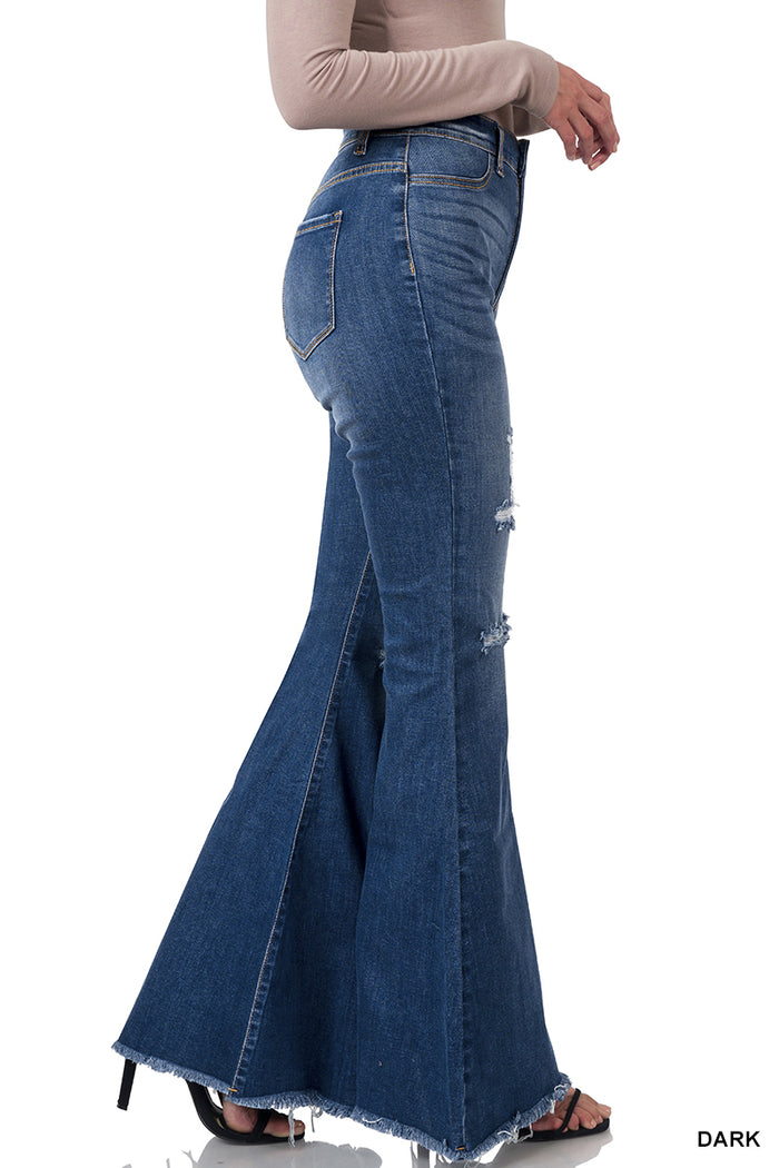 High-Rise Distressed Super Flare Raw Hem Denim
