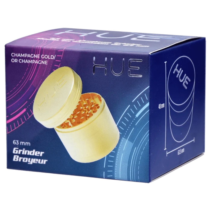 Front view of the Hue 3-Stage Grinder in champagne gold, showcasing its multi-tiered design and metallic finish.