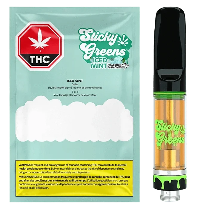 Front view of the Iced Mint Liquid Diamonds Vape Cartridge with a colorful logo on a white background.