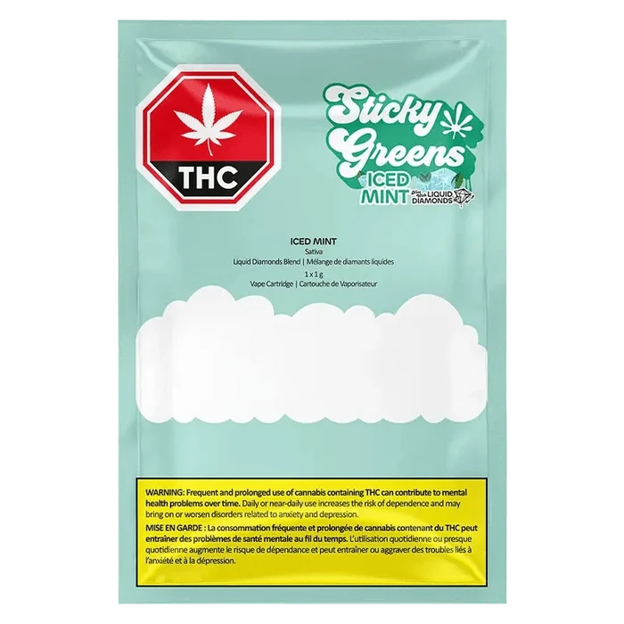 Front view of the Iced Mint Liquid Diamonds Vape Cartridge against a dark background, featuring a leafy design and bold text.