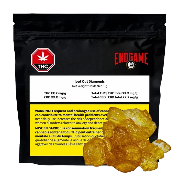 Close-up of Iced Out Diamonds packaging with bold lettering and a THC symbol against a dark background.