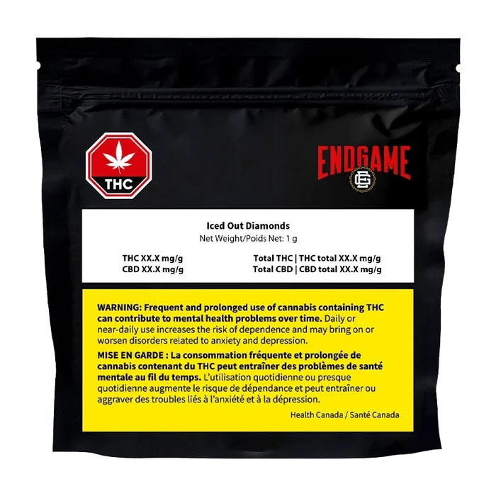 Iced Out Diamonds displays a black bag with white text and a THC leaf logo, seen from a slightly angled front view.