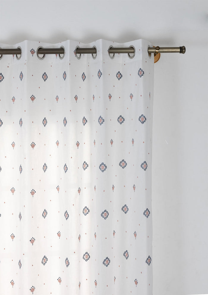 Ira Pink & Blue Ethnic 100% Cotton Sheer Embroidered Curtain For Livingroom / Bedroom | Light Filtering | Single Piece