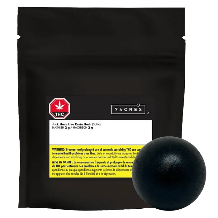 Front view of the Jack Haze Live Resin Hash packaging against a dark background with branding details visible.