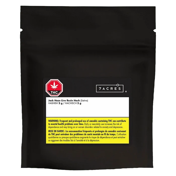 A close-up of the Jack Haze Live Resin Hash packaging on a dark background with a warning label.