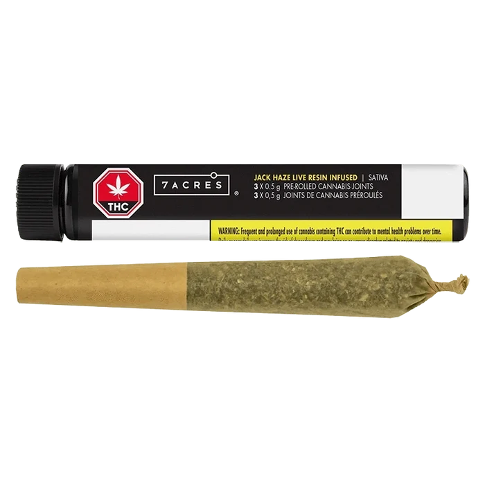 A close-up shot of the Jack Haze Lr Infused Pre Rolled 3 x 0.5 g pre-rolled joints, displayed against a black background with branding.