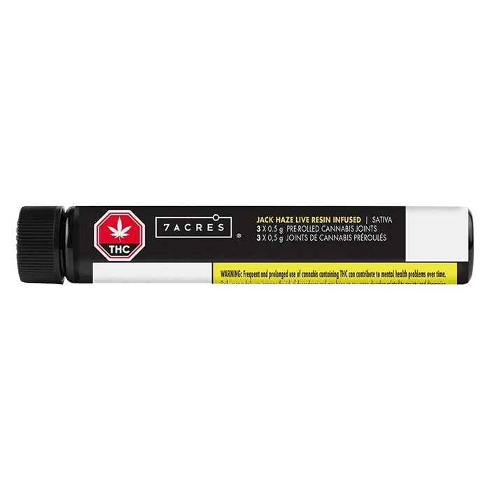 A close-up of the Jack Haze Lr Infused Pre Rolled 3 x 0.5 g pre-rolled joints, displaying a blue package with white text and a green THC symbol.