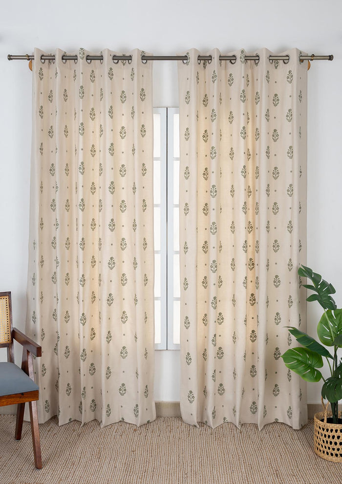 Juhi Green Floral 100% Cotton Embroidered Curtain For Livingroom / Bedroom | Light Reduction | Single Piece
