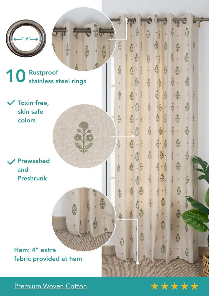 Juhi Green Floral 100% Cotton Embroidered Curtain For Livingroom / Bedroom | Light Reduction | Single Piece
