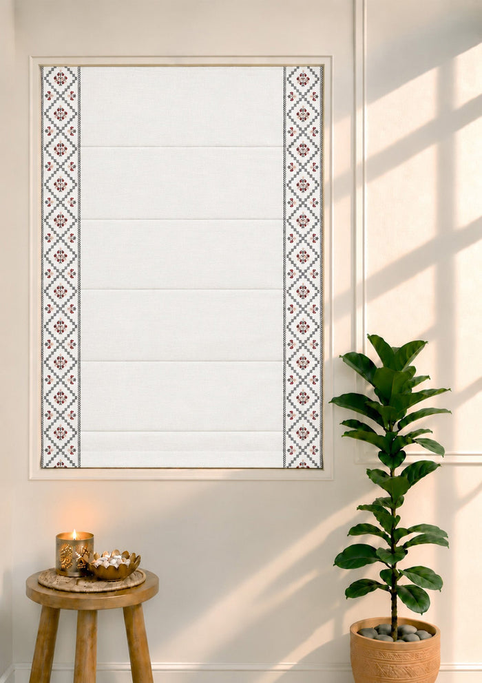Ketaki White & Blue Geometric 100% Cotton Embroidered Blind For Livingroom / Bedroom | Light Reduction
