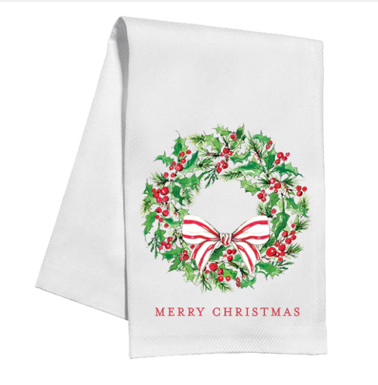 Kitchen Towel-Merry Christmas Holly Wreath