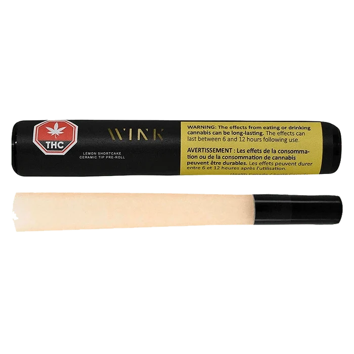 Lemon Shortcake Ceramic Tip Pre Rolled 1 x 1 g is shown in a close-up, angled shot, displaying its branding and a warning label.