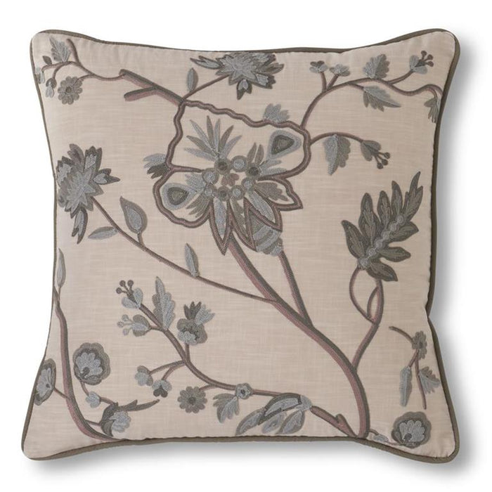 Light Beige Cotton Pillow with Gray Floral Embroidery