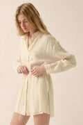 Line Item Pinstripe Belted Button-Up Shirt Romper - ShopPromesa