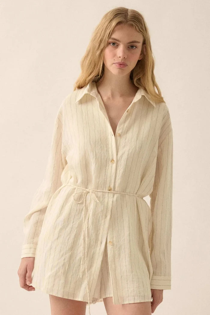 Line Item Pinstripe Belted Button-Up Shirt Romper - ShopPromesa