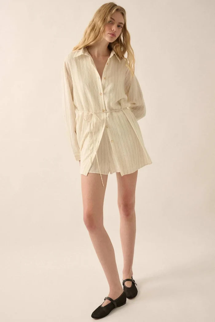 Line Item Pinstripe Belted Button-Up Shirt Romper - ShopPromesa