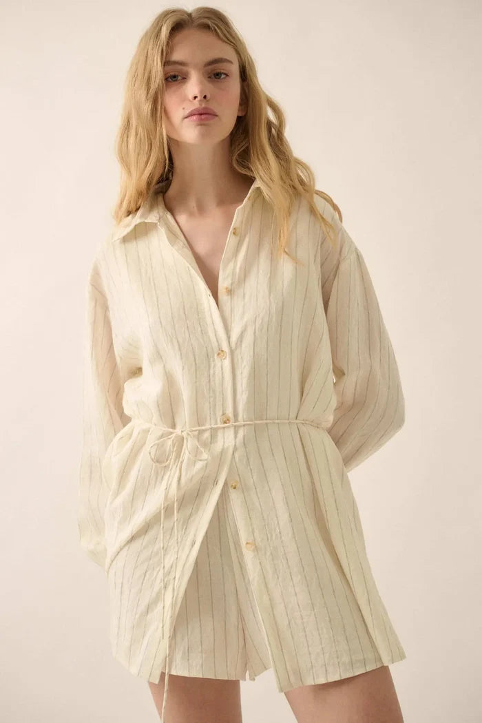 Line Item Pinstripe Belted Button-Up Shirt Romper - ShopPromesa
