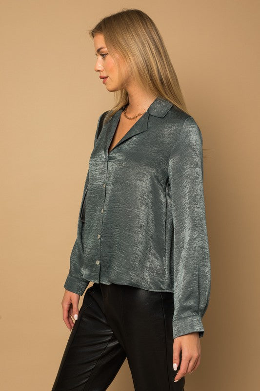 L/S Button Down Satin Blouse Top