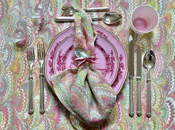 'Marble Fan' Linen Napkin in Pink, Green & Yellow, 50x50cm