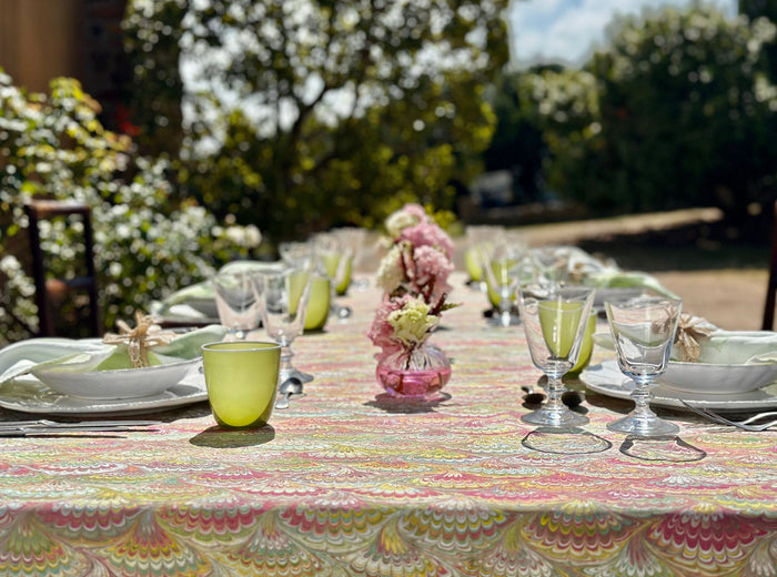 'Marble Fan' Linen Napkin in Pink, Green & Yellow, 50x50cm