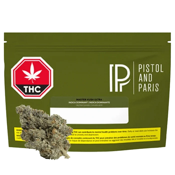 Close-up of the Master Kush Ultra product packaging with a white background and bold black text.