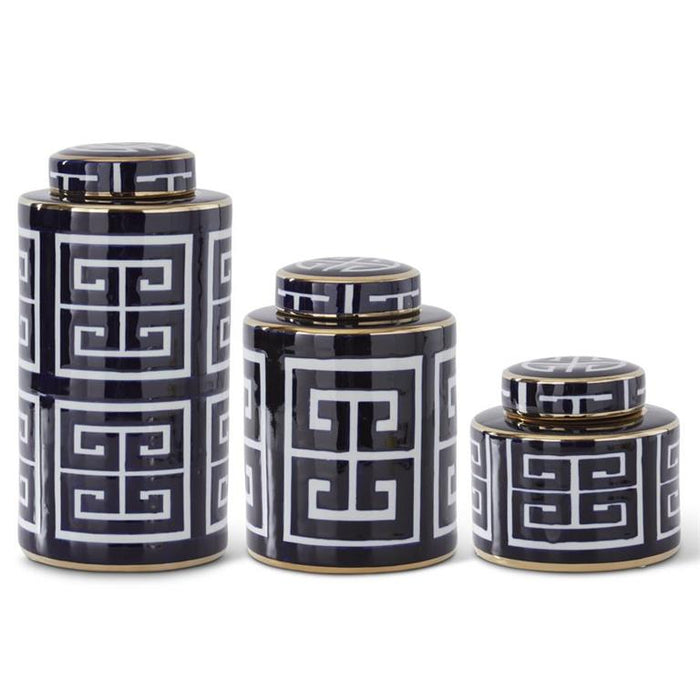 Medium Blue and White Greek Key Lidded Container