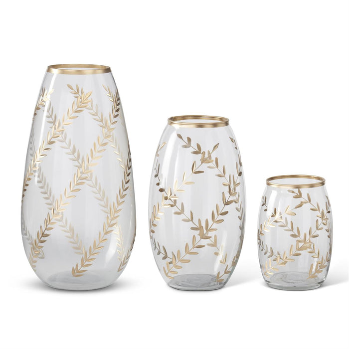 Medium Gold Gilded Leaf Etched Clear Glass Vase
