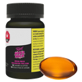 Front-facing view of a black bottle and amber softgel capsule labeled Mega Packs Bal THC:CBD 1:1, shown against a transparent background.