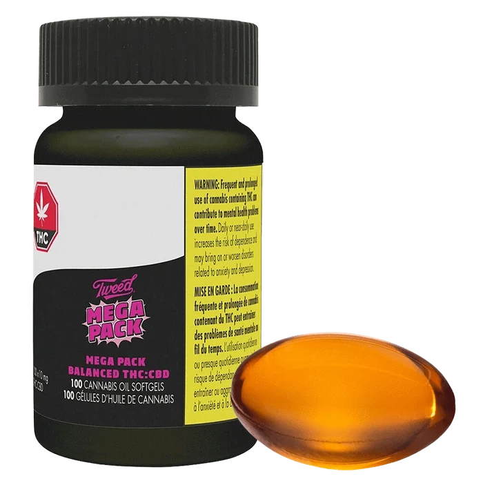 Front-facing view of a black bottle and amber softgel capsule labeled Mega Packs Bal THC:CBD 1:1, shown against a transparent background.
