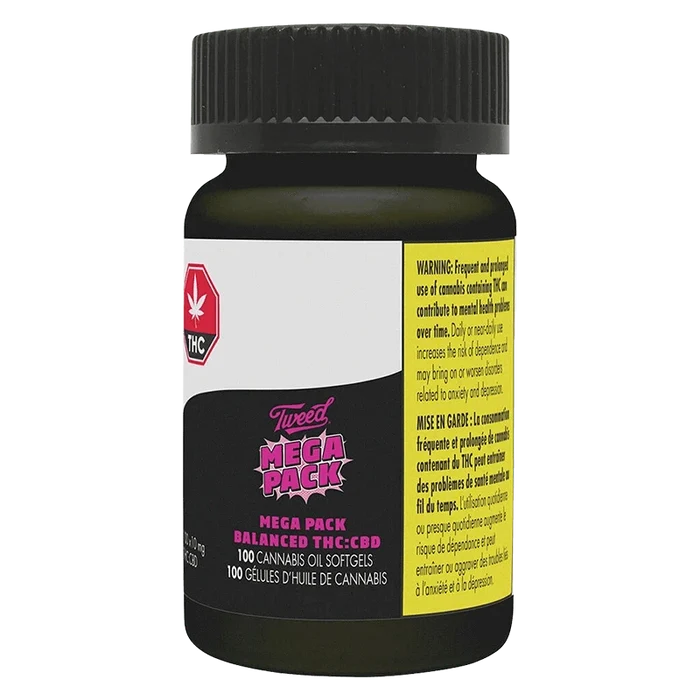Front-facing bottle shot of Mega Packs Bal THC:CBD 1:1 with black cap, pink logo label and yellow warning panel on a white background.