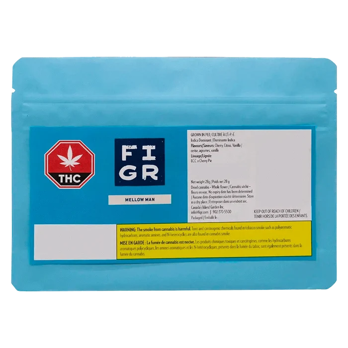Front view of the FGR Mellow Man packaging with a green logo and white text, against a dark background.