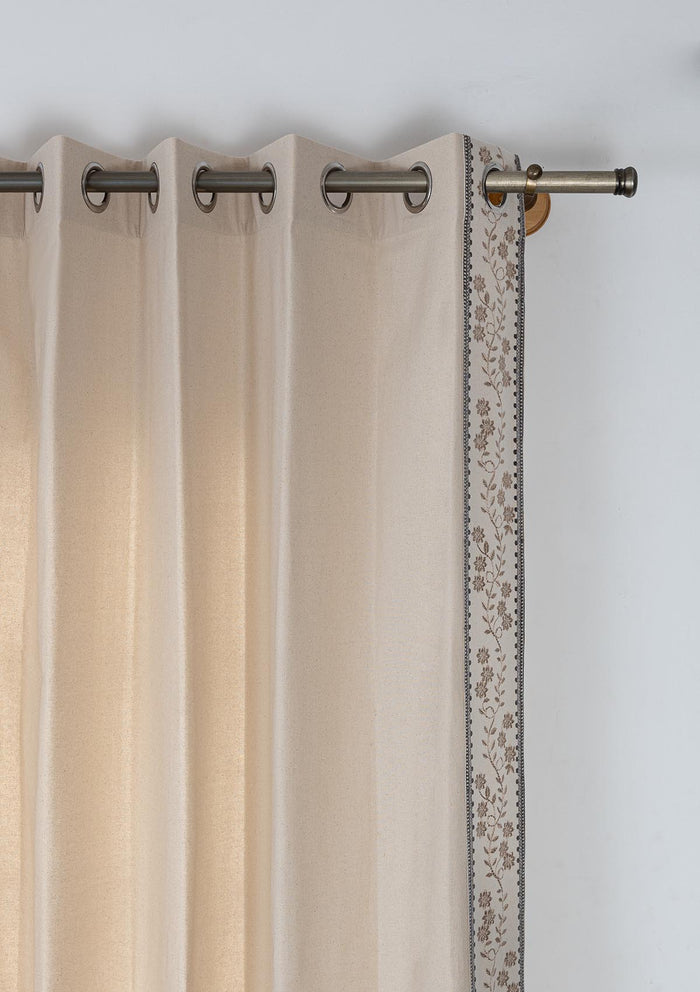 Mogra Beige Brown & Grey Floral 100% Cotton Embroidered Curtain For Livingroom / Bedroom | Light Reduction | Single Piece