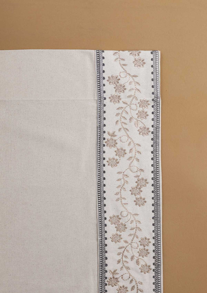 Mogra Beige Brown & Grey Floral 100% Cotton Embroidered Curtain For Livingroom / Bedroom | Light Reduction | Single Piece