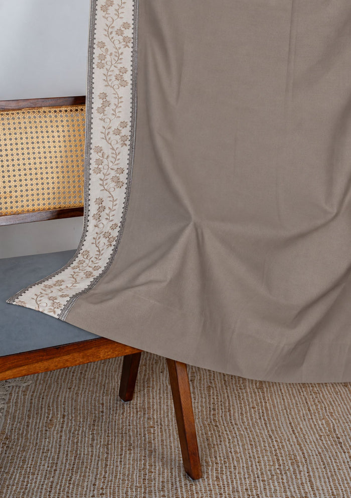 Mogra Walnut Grey & Brown Floral 100% Cotton Embroidered Curtain For Livingroom / Bedroom | Room Darkening | Single Piece