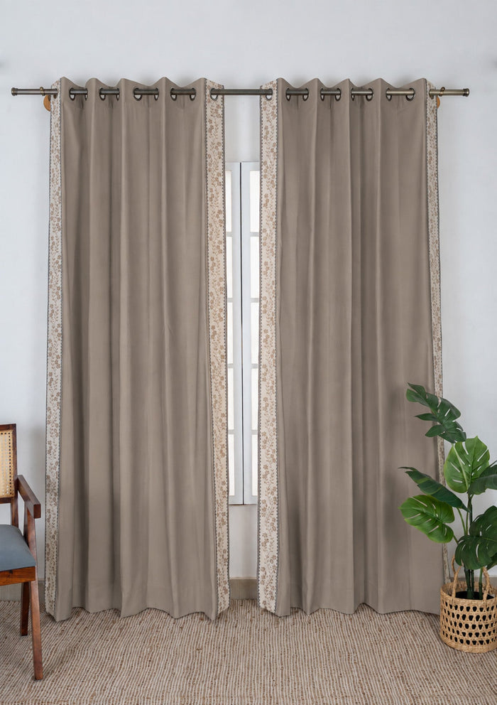 Mogra Walnut Grey & Brown Floral 100% Cotton Embroidered Curtain For Livingroom / Bedroom | Room Darkening | Single Piece