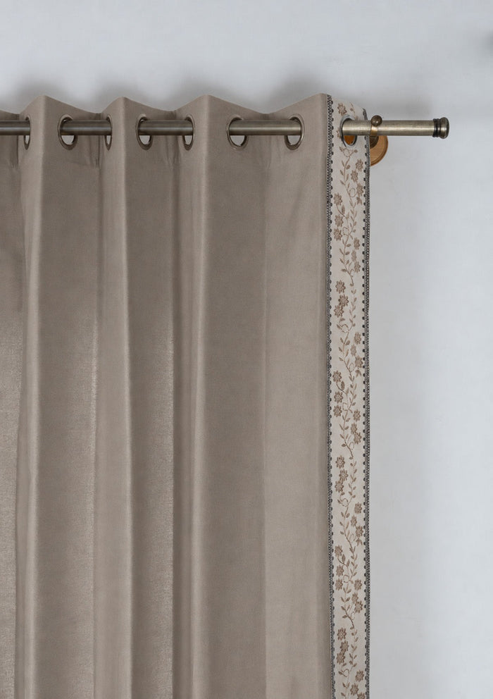 Mogra Walnut Grey & Brown Floral 100% Cotton Embroidered Curtain For Livingroom / Bedroom | Room Darkening | Single Piece