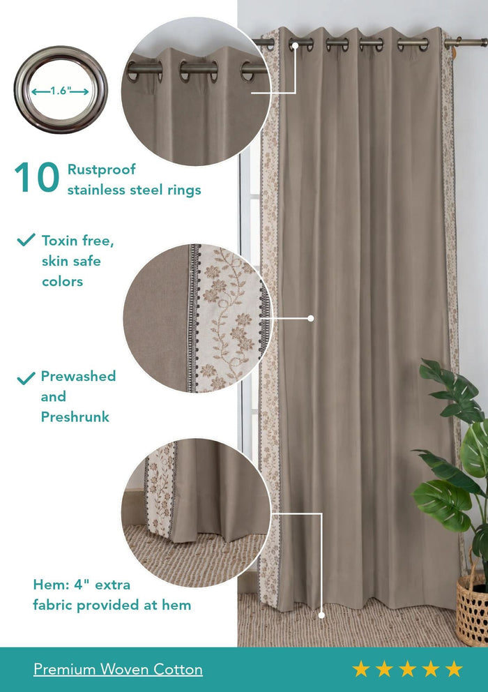 Mogra Walnut Grey & Brown Floral 100% Cotton Embroidered Curtain For Livingroom / Bedroom | Room Darkening | Single Piece