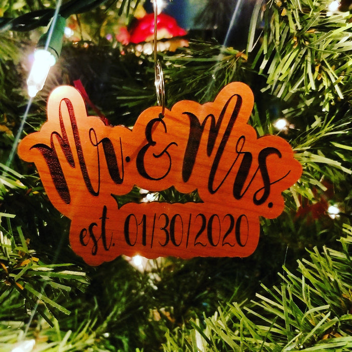 Mr & mrs hardwood ornament with wedding date - Altered Goods