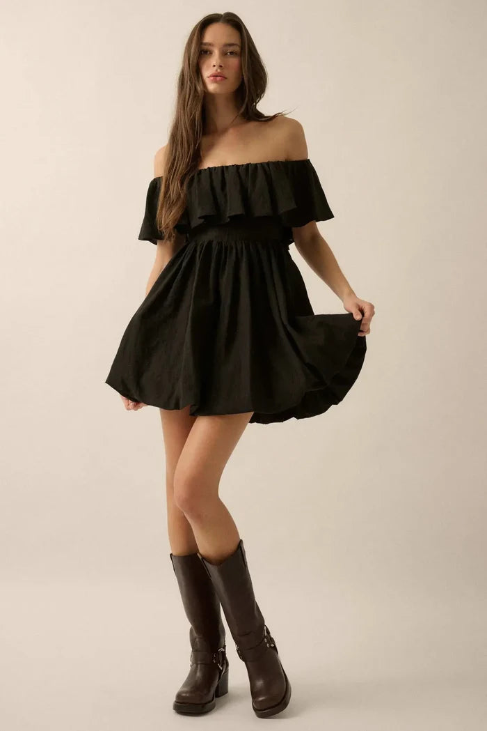 Natural Wonder Off-Shoulder Flounce Mini Dress - ShopPromesa