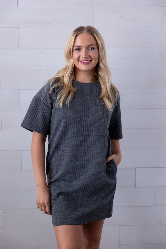 Oversized Quilted Basic Shift Mini Dress Charcoal