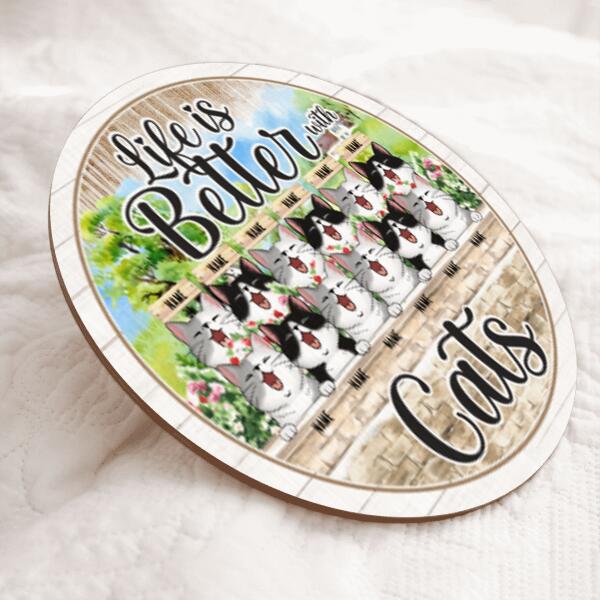Pawzity Custom Wood Signs, Gifts For Cat Lovers, Life Is Better With Cats, Flowers Garden Personalized Wood Sign , Cat Mom Gifts