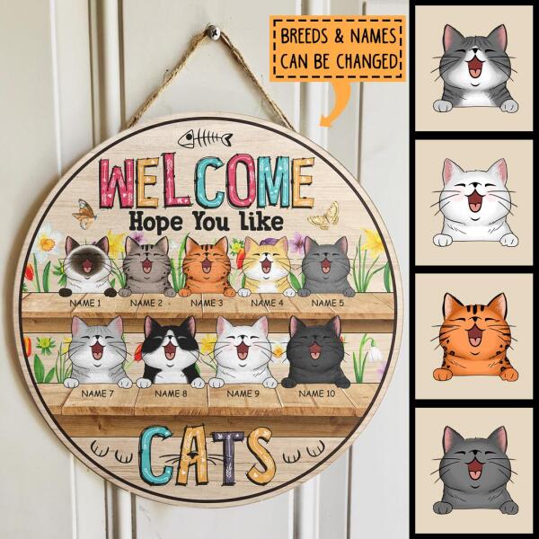 Pawzity Welcome Door Signs, Gifts For Cat Lovers, Hope You Like Cats, Flower Custom Wood Signs , Cat Mom Gifts