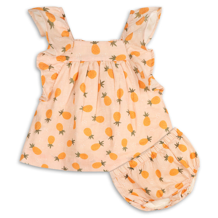 Pineapple Ruffle Sleeve Baby Dress + Bloomer (Organic Muslin)