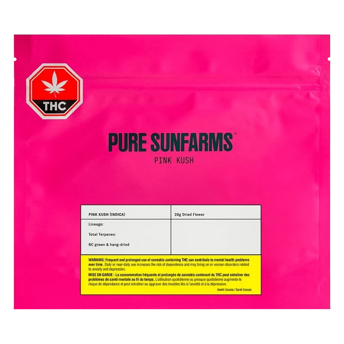 A front view of the Pure Sunfarms Pink Kush package with bold lettering on a clean white background.