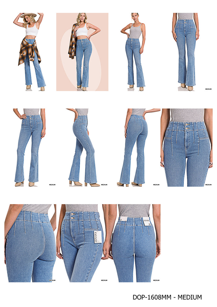 Pintuck Detailed Waist Flare Denim Pants